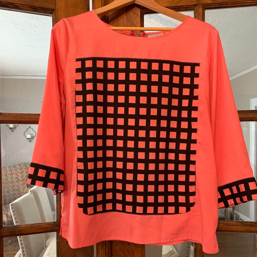 New York & Co Coral w/ Black Check Top